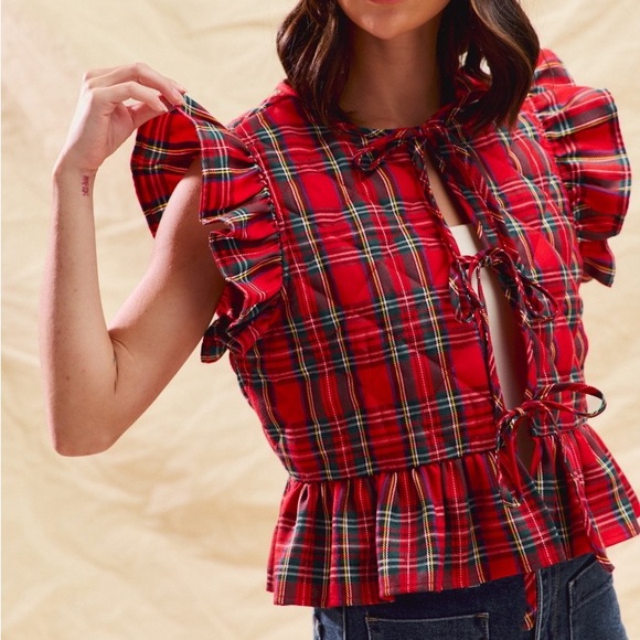Red Plaid Ruffled Quilt Vest Top - Picture 6 of 10